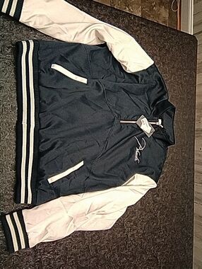 Rhude Navy Blue and White Varsity Bomber Jacket